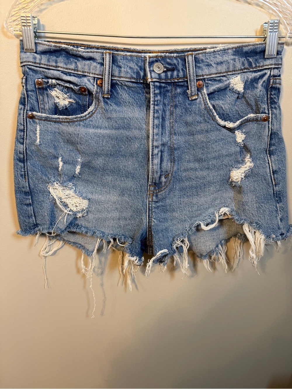 Abercrombie & Fitch Distressed High-Waist Denim Shorts - Light Blue